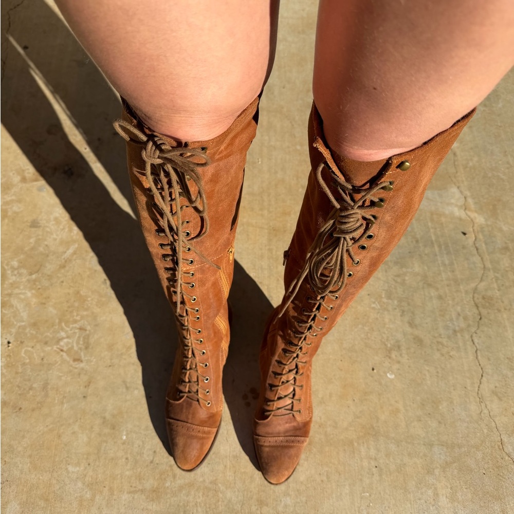 Jeffrey Campbell Sz 9 Brown 100% Lambs Leather Tall Lace Up boot Free People Joe - Picture 9 of 16